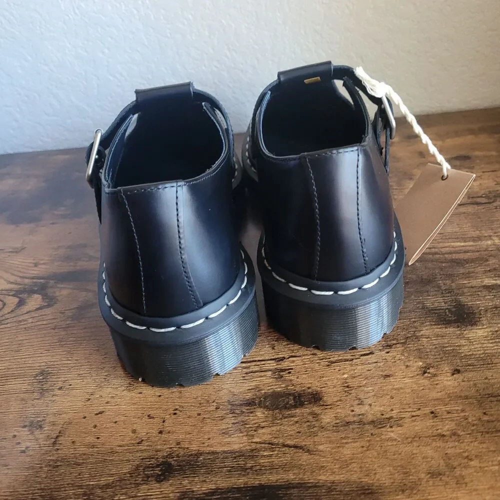 Dr Martens Womens Black Polley Air Wair Mary Jane Shoes Size 11 Grain T Bar New